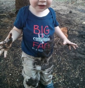 This is what happens when we try to do yard work. One of my boys ends up getting into some serious mischief. I swear they are attracted to mud piles.