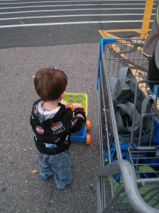 My two-year-old and I heading into the grocery store earlier this week.